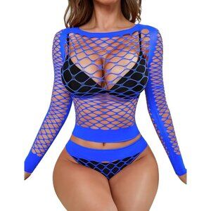 🆕Women Blue Mesh Fishnet Lingerie Bodysuit Sexy Long Sleeve See-Through
